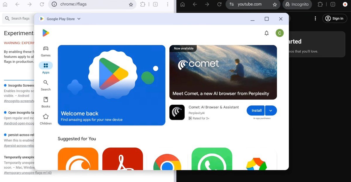 Screenshot of Google's Aluminium OS showing a hybrid Android and ChromeOS interface on a PC.