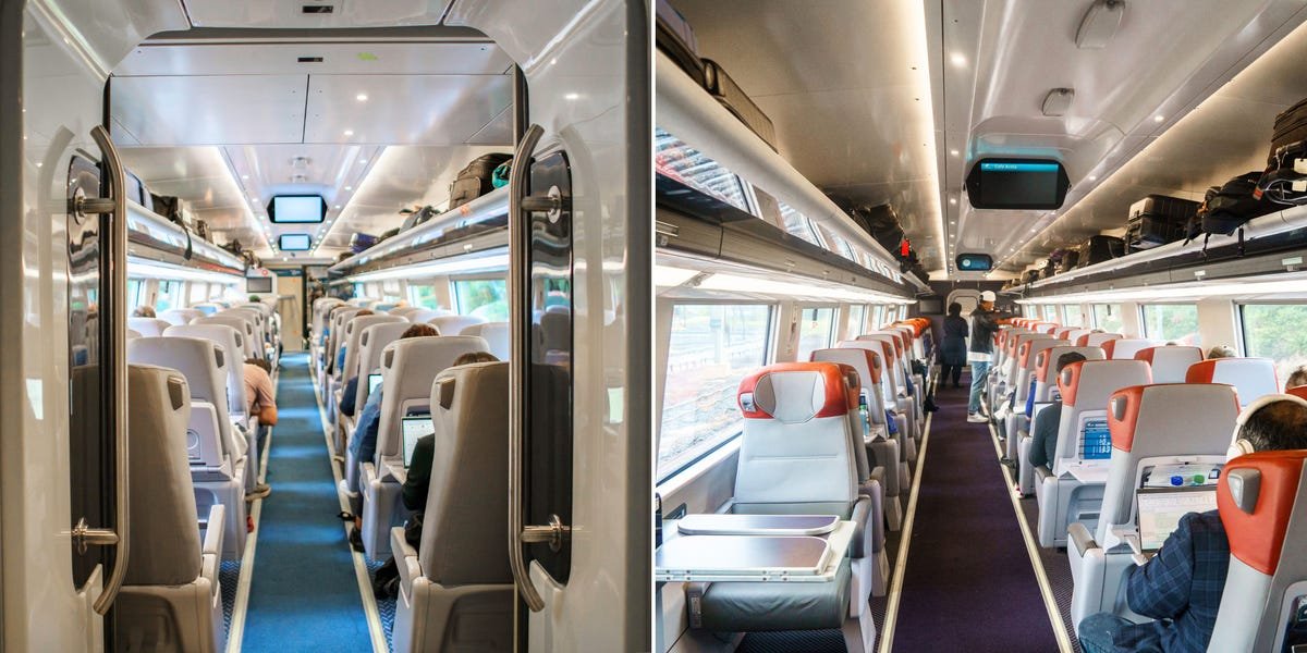 Interior view of Amtrak NextGen Acela train, showing both Business and First Class cabins.