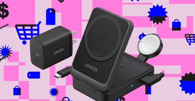 Anker MagGo Wireless Charging Station (Foldable 3-in-1) charging an iPhone, Apple Watch, and AirPods.