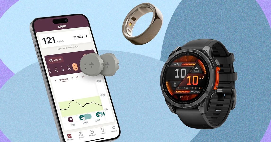 A selection of modern fitness trackers and smart rings, including Garmin Vivoactive and Oura Ring, displayed on a clean surface.
