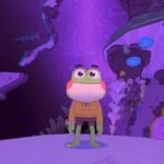 An adorable frog character named Hop, the protagonist of the Big Hops video game, looking cute.