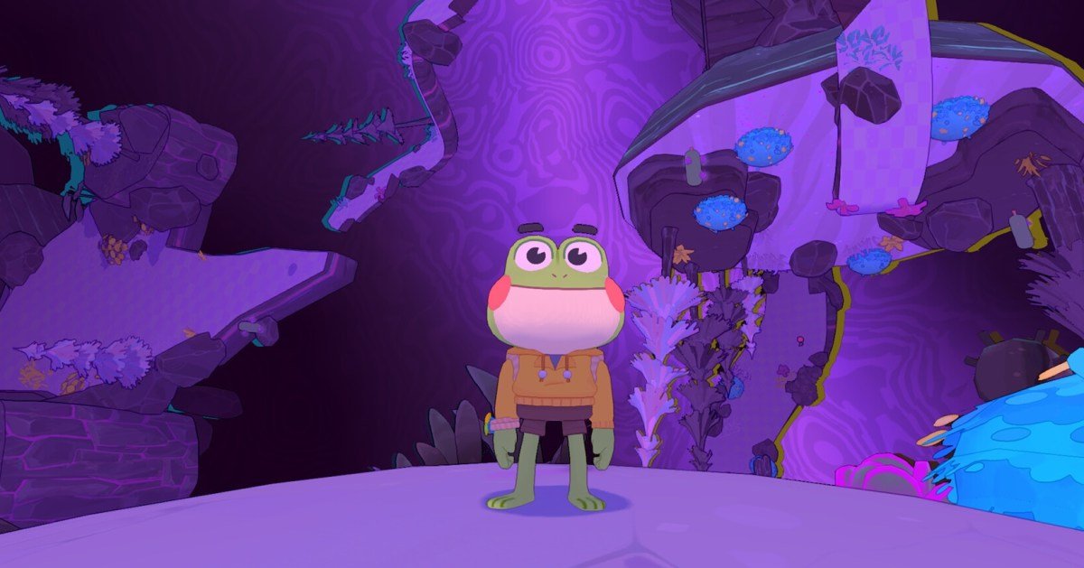 An adorable frog character named Hop, the protagonist of the Big Hops video game, looking cute.