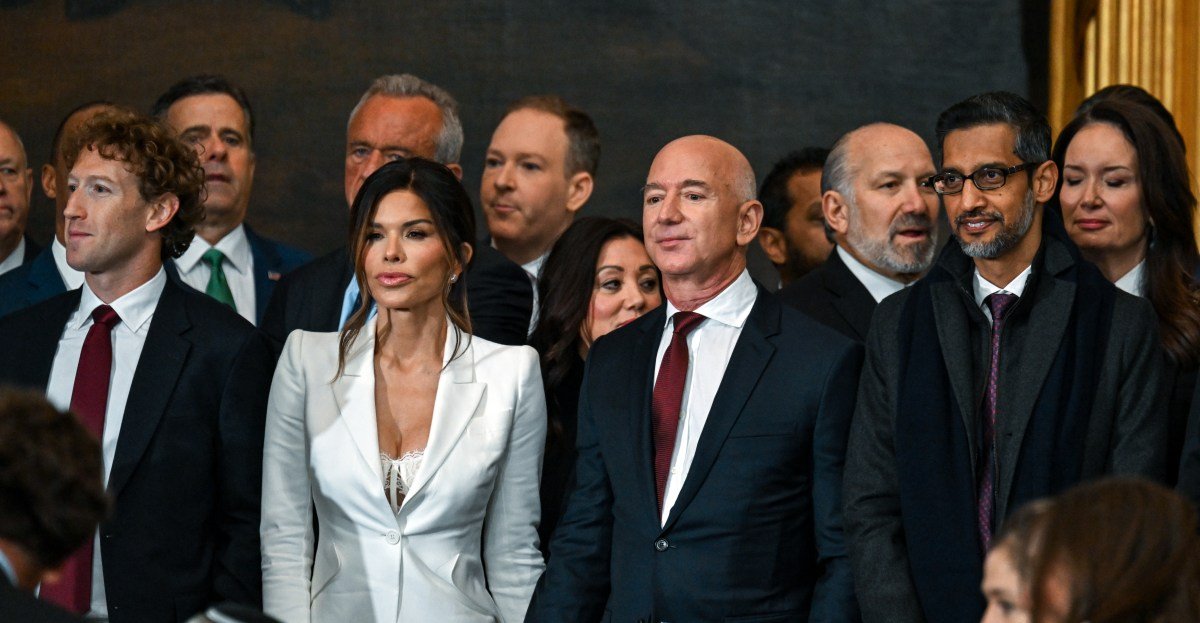 Tech CEOs Mark Zuckerberg, Jeff Bezos, Lauren Sanchez, and Sundar Pichai attend Donald Trump's second inauguration in Washington, D.C.
