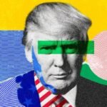 Bitcoin price chart showing a sharp increase, overlaid with an abstract representation of geopolitical maps or flags.