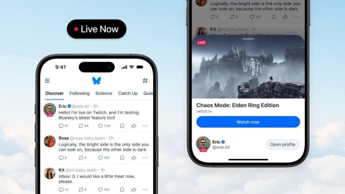 Bluesky 'Live Now' status badge on a user profile, indicating an active live stream.