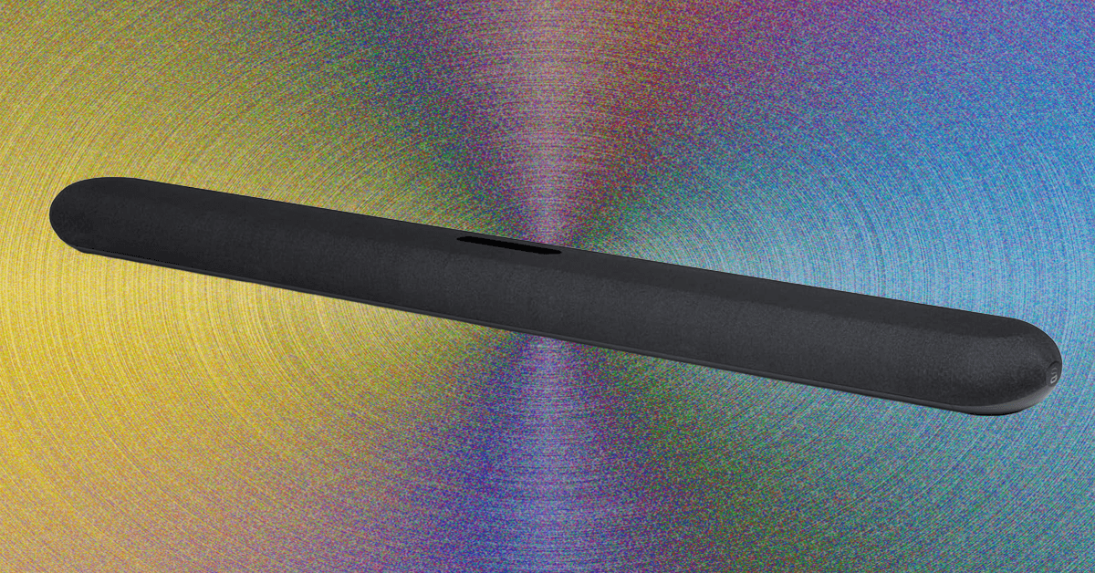 Bluesound Pulse Cinema soundbar with a wraparound fabric grille under a television