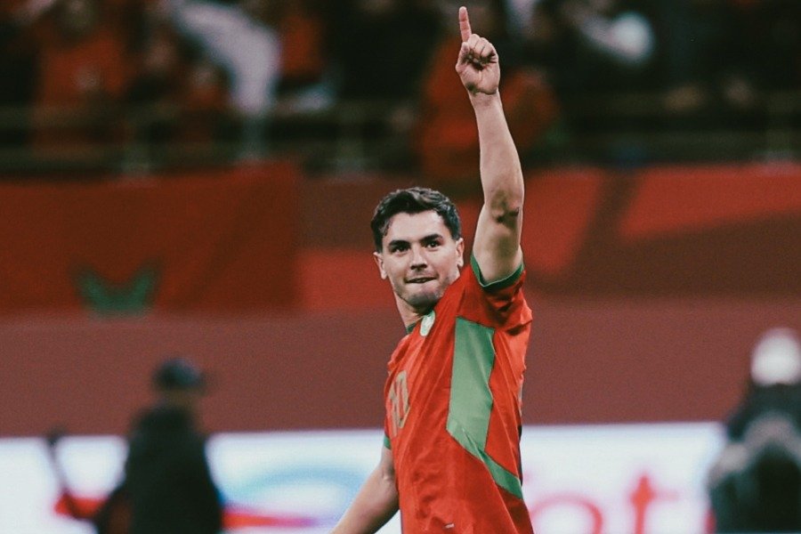 Brahim Díaz celebrating his record-breaking goal for Morocco at AFCON 2025.