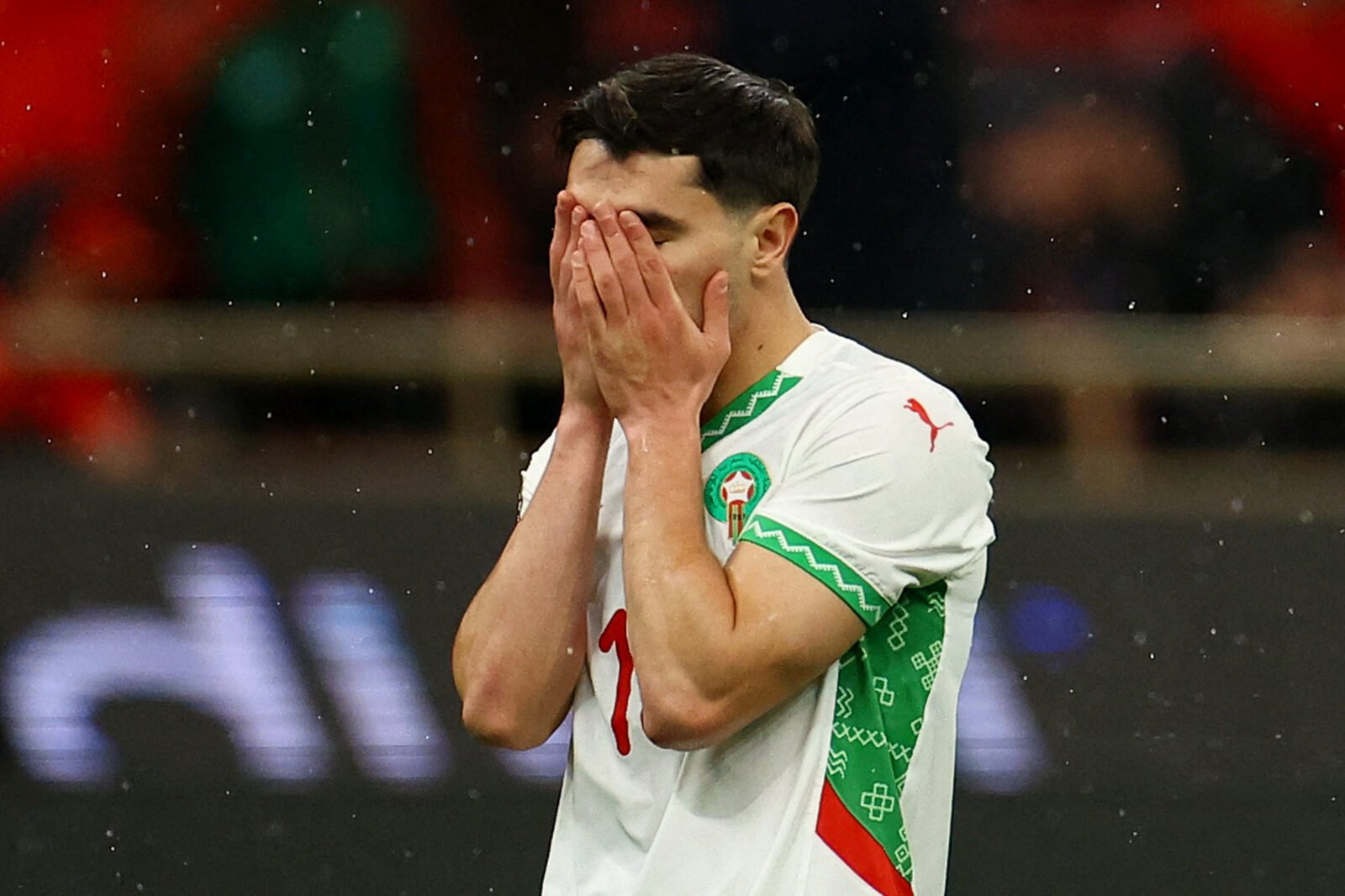 Brahim Diaz looking distraught and holding the Golden Boot after missing a penalty in the AFCON 2025 final.