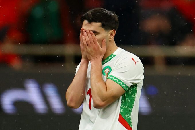 Brahim Diaz looking distraught and holding the Golden Boot after missing a penalty in the AFCON 2025 final.