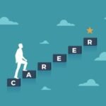 A person climbing a ladder made of books, symbolizing career growth through consistent effort and learning.