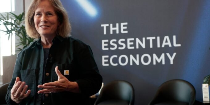 Carhartt CEO Linda Hubbard and Ford Philanthropy President Mary Culler discussing their partnership for workforce development.