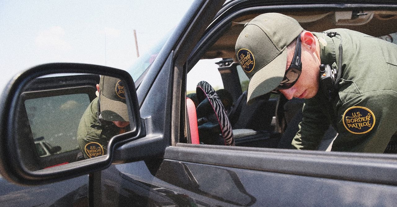 An abstract representation of quantum sensors interacting with a vehicle, with AI data overlays, symbolizing advanced drug detection at a border crossing.