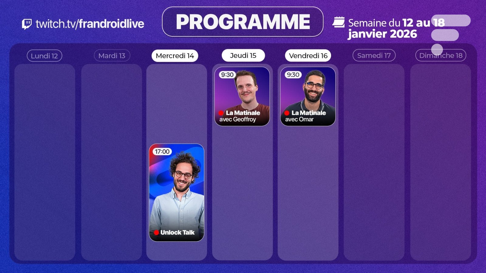 Logo de Frandroid et de Twitch, illustrant le programme des émissions tech en direct, avec les thèmes du CES 2026 et des Matinales Tech.