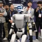 A futuristic display at CES 2026 showcasing AI-powered devices and consumer electronics.