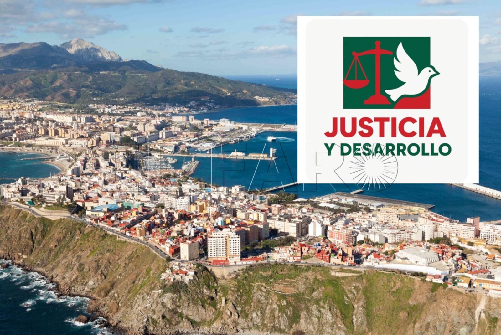 Symbol of the Justice and Development party in Ceuta, featuring a dove of peace and scales of justice in red and green.