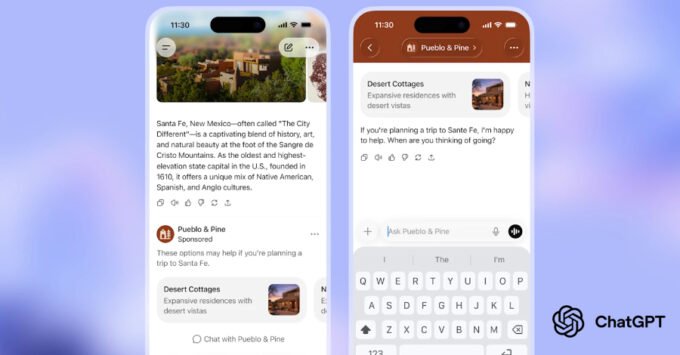 ChatGPT logo with subtle ad placements, representing OpenAI's new monetization strategy.