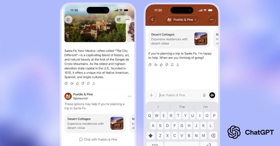 ChatGPT logo with subtle ad placements, representing OpenAI's new monetization strategy.