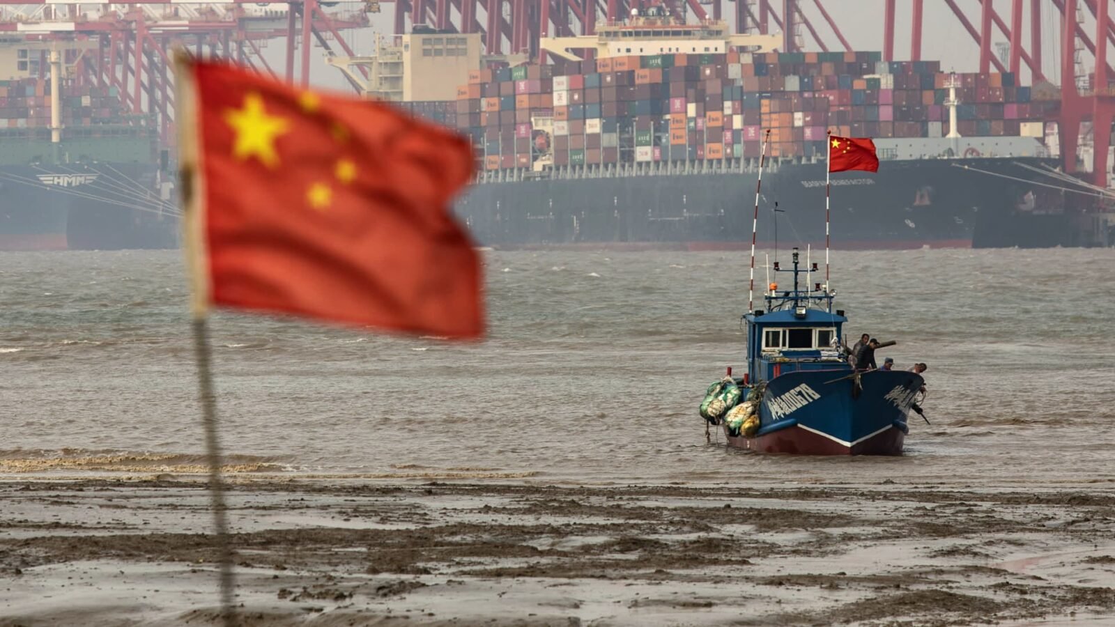 Shipping containers and gantry cranes at Yangshan Deepwater Port in Shanghai, symbolizing China's robust economic activity and global trade.