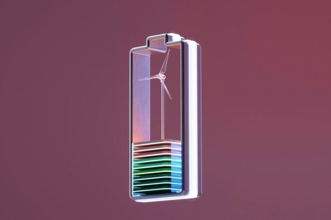 Illustration of a clean energy device struggling to operate due to a lack of raw materials, with a focus on mining and supply chains.