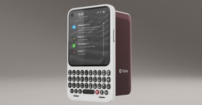 The Clicks Communicator device showcasing its physical QWERTY keyboard and minimalist design.