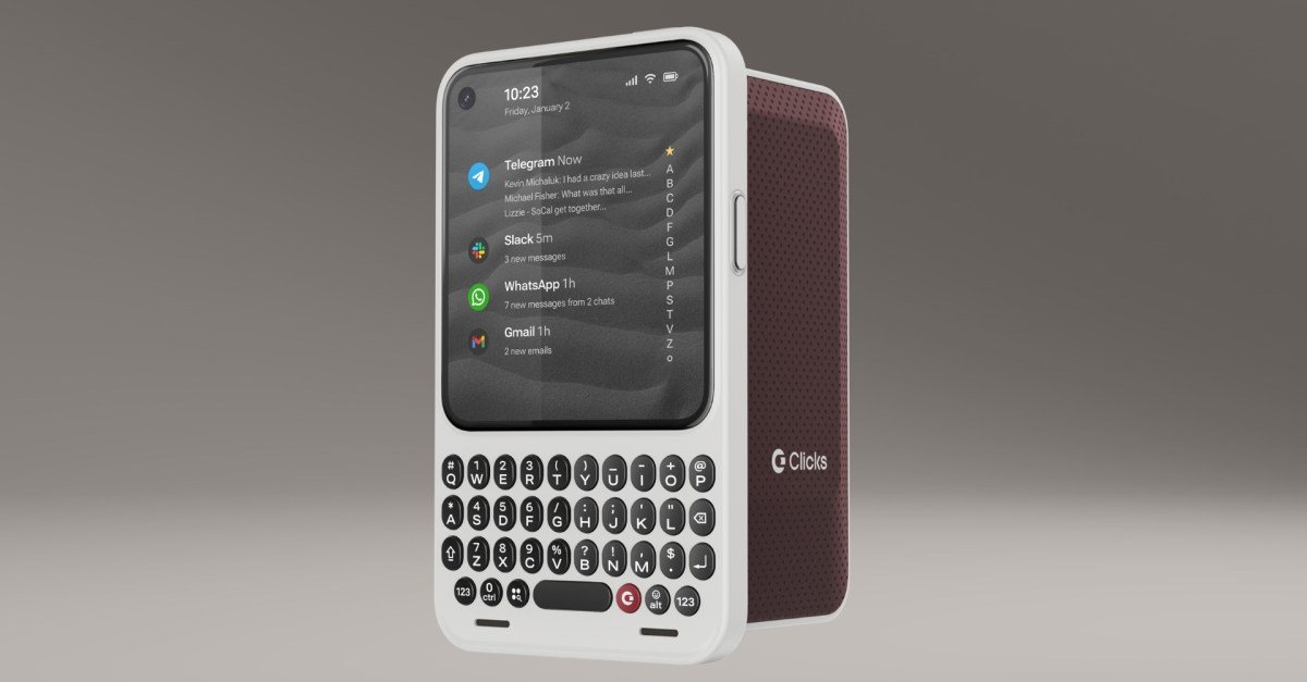 The Clicks Communicator device showcasing its physical QWERTY keyboard and minimalist design.
