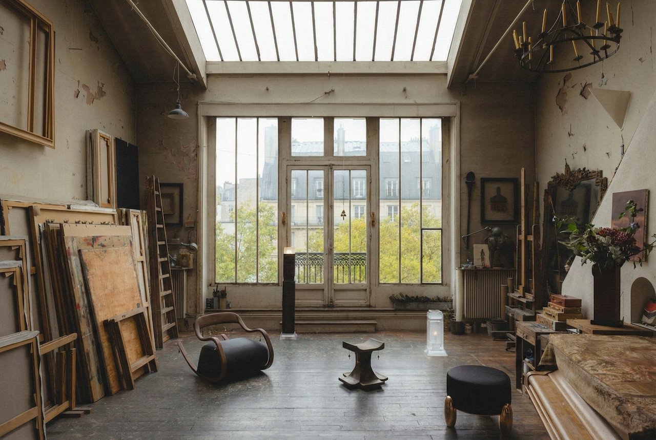 Visitors interacting with bell-adorned furniture and other design objects at the CONTRIBUTIONS Festival in Paris, set against a backdrop of ambient soundscapes.