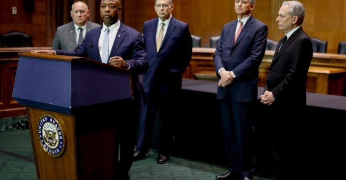 Republican Representatives and Senators with White House AI and Crypto czar David Sacks at a Capitol Hill news conference discussing cryptocurrency.