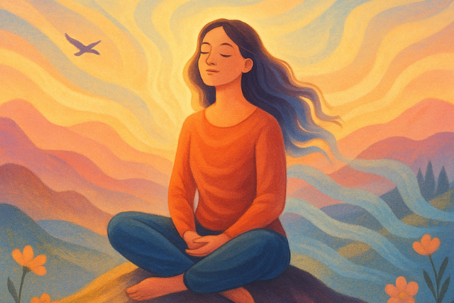 A person taking a deep breath, with a serene expression, representing presence and mindfulness.