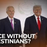 خريطة لقطاع غزة مع رموز تشير إلى جهود إعادة الإعمار وغياب التمثيل الفلسطيني.