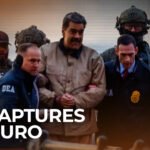 صورة للرئيس الفنزويلي نيكولاس مادورو مع علم فنزويلا وخلفية ترمز للتوتر السياسي.