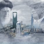 خريطة منطقة الخليج العربي تظهر مضيق هرمز ورموز للدبلوماسية والتوترات العسكرية.