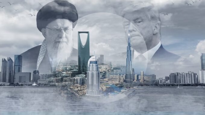 خريطة منطقة الخليج العربي تظهر مضيق هرمز ورموز للدبلوماسية والتوترات العسكرية.