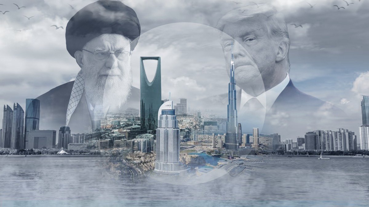 خريطة منطقة الخليج العربي تظهر مضيق هرمز ورموز للدبلوماسية والتوترات العسكرية.