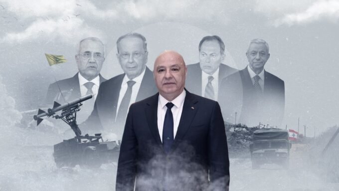 صورة للقصر الجمهوري في بعبدا مع إشارة رمزية إلى ميزان القوى في لبنان.