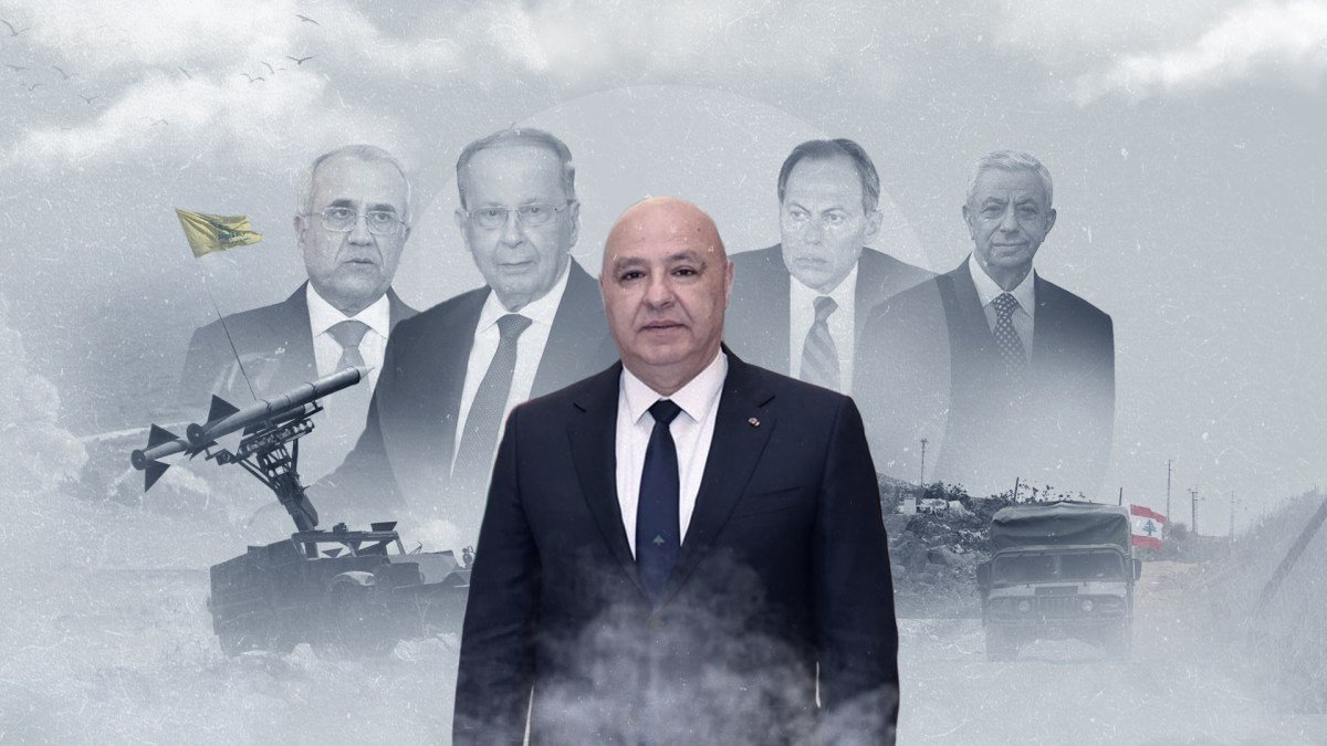 صورة للقصر الجمهوري في بعبدا مع إشارة رمزية إلى ميزان القوى في لبنان.