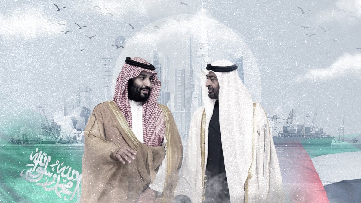 صورة تجمع علمي السعودية والإمارات مع رسوم بيانية اقتصادية، ترمز للعلاقات المتشابكة والتحديات.