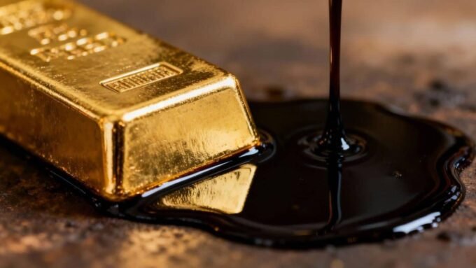 خريطة فنزويلا مع براميل نفط وسبائك ذهب ترمز للتأثير الاقتصادي