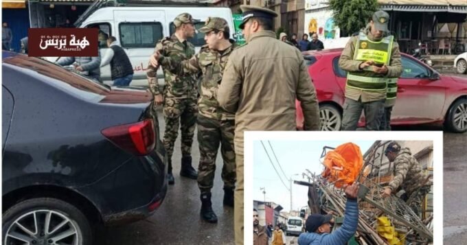 صورة لشاحنات تابعة لبلدية القنيطرة وعناصر السلطة أثناء حملة تحرير الملك العمومي بالساكنية.