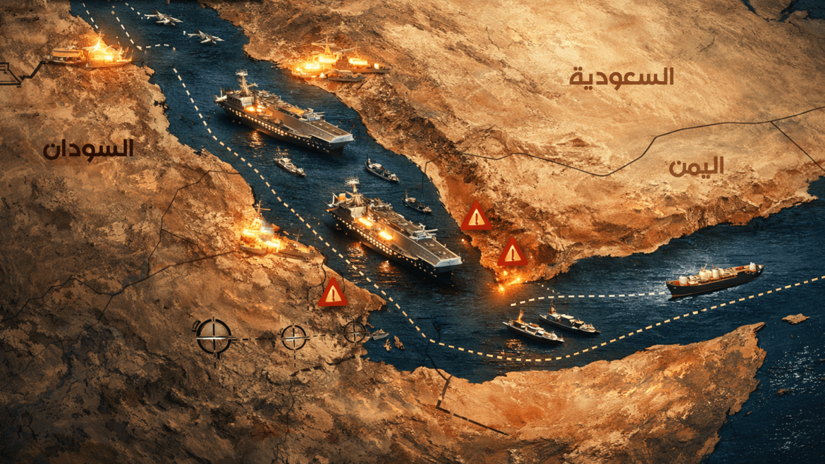 خريطة توضح موقع البحر الأحمر الاستراتيجي وتمركز القواعد العسكرية للدول المختلفة