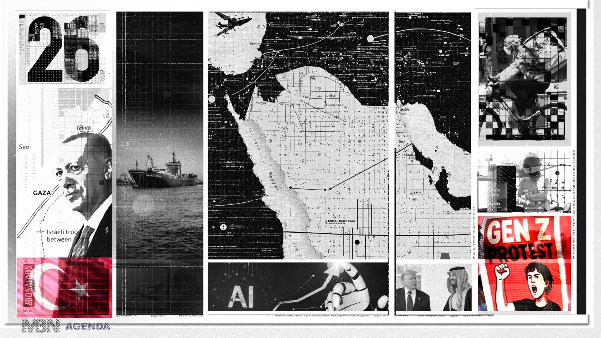 خريطة توضيحية لمنطقة الشرق الأوسط وشمال إفريقيا تبرز بؤر التوتر والمسارات التجارية الرئيسية.