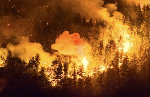 صورة جوية لحريق غابات هائل يلتهم مساحات خضراء في منطقة باتاغونيا بالأرجنتين، مع تصاعد الدخان الكثيف.