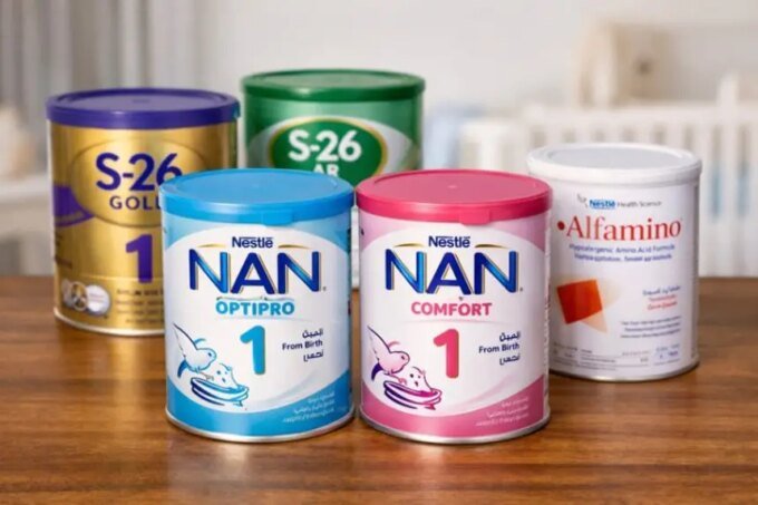 عبوات حليب نستله للرضع من أنواع نان وS-26 وألفامينو