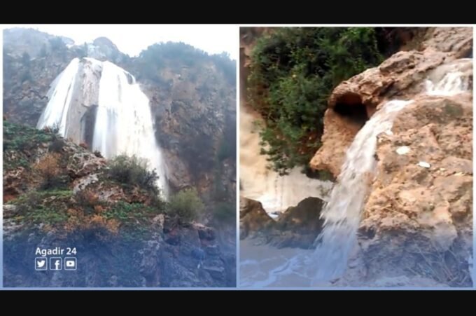 صورة لشلالات إيموزار إداوتنان وهي تتدفق بقوة بعد أمطار غزيرة، تُظهر الطبيعة الخضراء المحيطة.