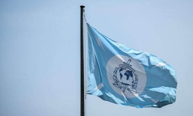 صورة لشعار الإنتربول مع خريطة العالم خلفه، ترمز للتعاون الدولي في مكافحة الجريمة المنظمة وتهريب البشر.