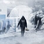 خريطة لقطاع غزة تظهر مناطق الملكية المختلفة أو صورة لمباني مدمرة في غزة