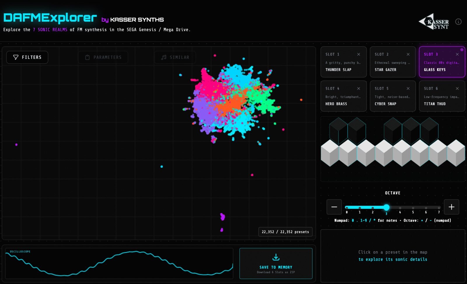 Unlocking the 16-Bit Symphony: DAFMExplorer's Journey into Sega Genesis Soundscapes 3 DAFMExplorer interface showing sound presets and a map of sonic realms from Sega Genesis games.