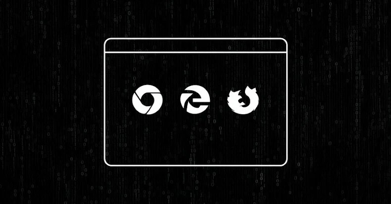 Illustration of a dark figure or a specter manipulating browser extensions, with various browser logos in the background.