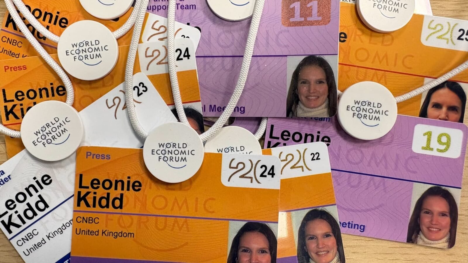 World Economic Forum security badges in snowy Davos, symbolizing global leadership and dialogue.