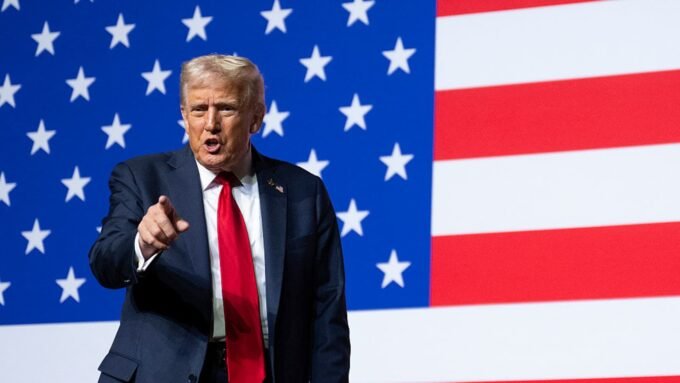 U.S. President Donald Trump departing after addressing senior military officers at Marine Corps Base Quantico.