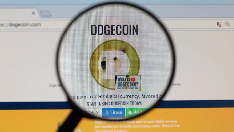 A vibrant Dogecoin logo against a backdrop of rising market charts, symbolizing its recent surge and the meme coin rally.